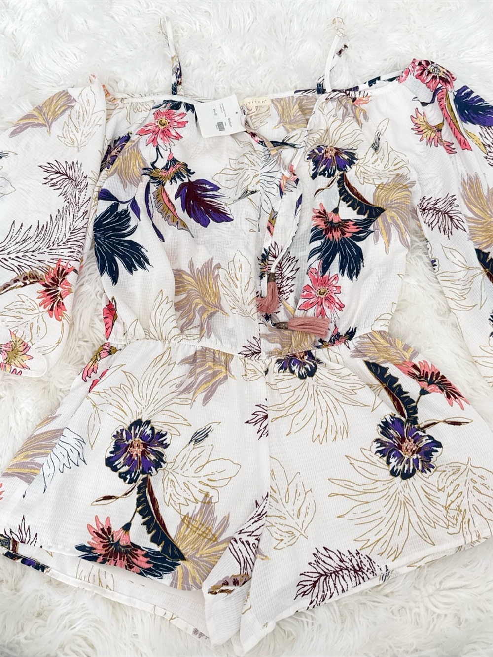 lovestitch White Open-Shoulder Top with Navy & Gold Botanical Print